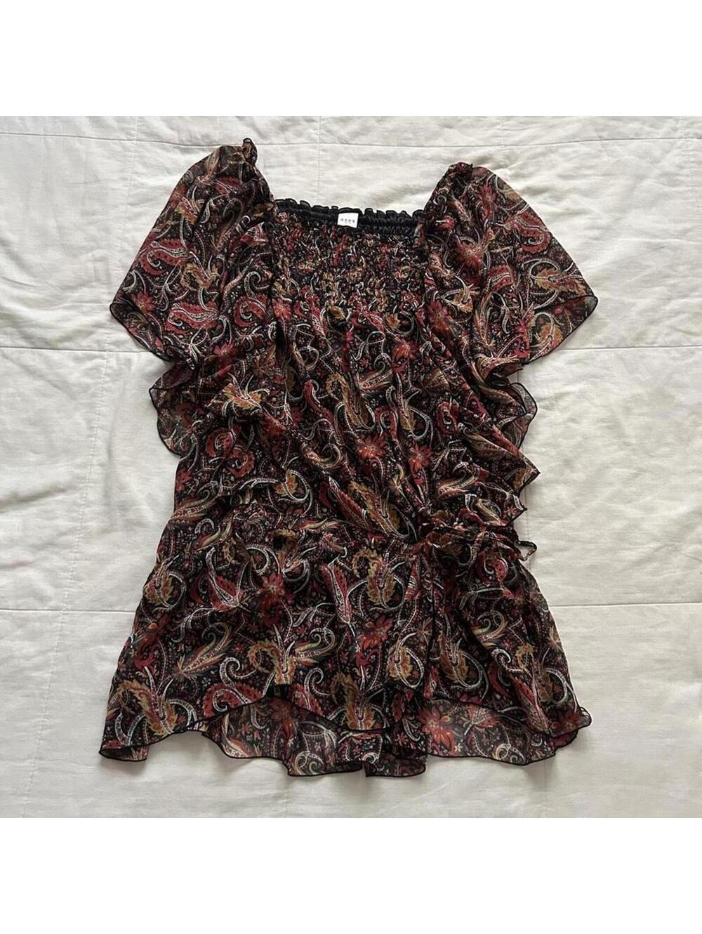 Axes Femme Burgundy Multicolor Paisley Print Ruffle Tie Mini Dress Boho Medium